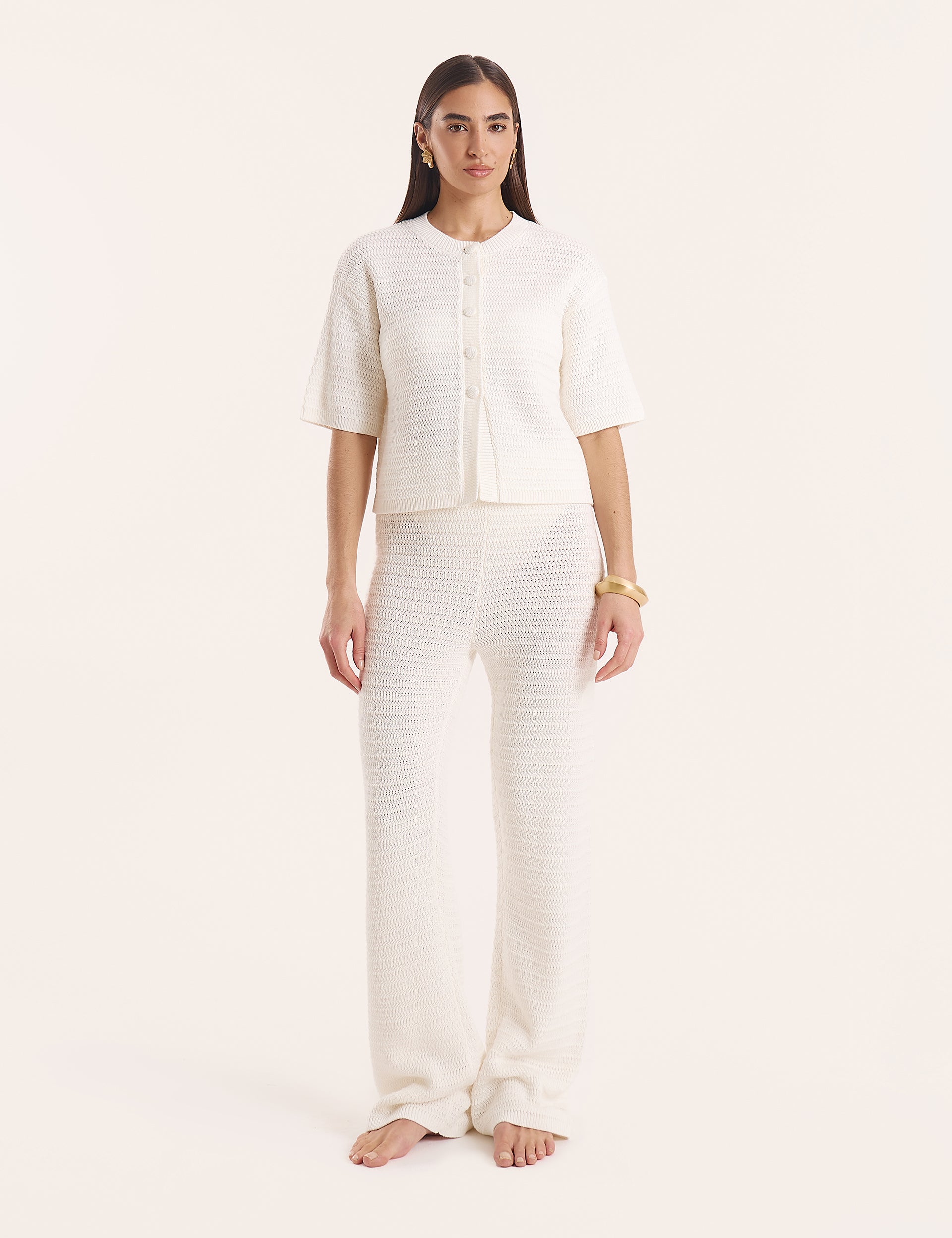 White Crochet Straight Leg Trousers